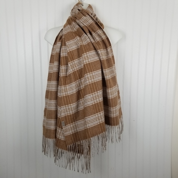 Mode By 2R Plaid Blanket Scarf Wrap Fringe Gold Tan Honey Gray Cream Soft Layer - Picture 8 of 8